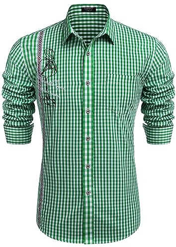 COOFANDY Trachten Chemises Homme Coupe régulière Oktoberfest Chemise Manches Longues Chemise à Carreaux Trachten Chemise pour Homme Vert L