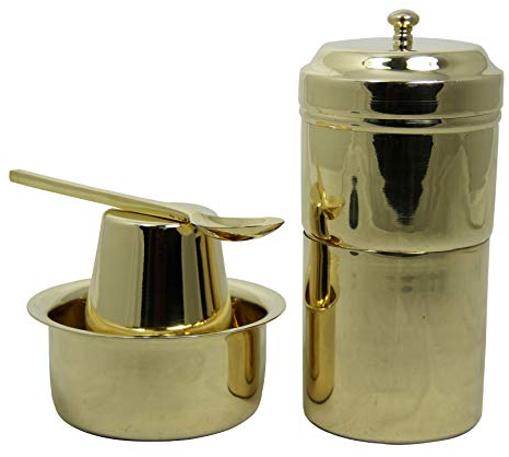 Brass South Indian Coffee Filter with DABARA Set and 1 Small Spoon - Glossy Finish - 250 ML - Hand Crafted in India