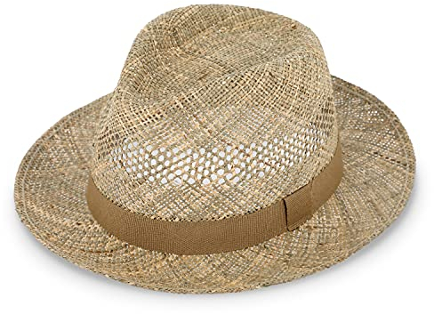 fiebig Fedora aus Seegras mit Ripsband | Hochwertiger Sommerhut mit eingeflochtenen Luftlöchern | Natur Sonnenhut mit breiter Krempe (55-S, Natur)