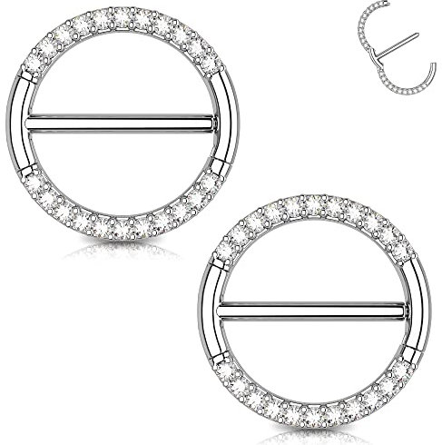 OUFER Téton Anneau de Mamelon en Acier Chirurgical 316L avec CZ Rond Clicker - Barbell Bar Bijoux Courps 14G 14mm
