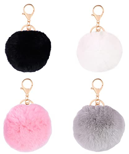Hoshisea 4 Stück Schlüsselanhänger Plüsch, Künstliche Kaninchenfell Keychain, Schlüsselanhänger Plüsch Pompom, Wird für Autoschmuck, Handtaschen, Schlüsselanhänger verwendet(4 Farben)