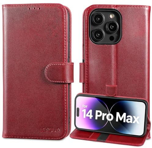 LENSUN Echtleder Hülle für iPhone 14 Pro Max, Lederhülle Klappbar - Weinrot | Handyhülle Echtes Leder, Magnetverschluss, 3 Kartenfächer mit RFID Schutz, Flip Handytasche