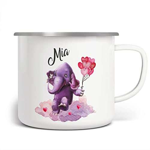miKalino Emaille Tasse Fröhlicher Elefant und süße Maus mit mit Wunschname personalisierte Kindertasse mit Namen bedruckt Emaille Becher Emailletasse Geschenk, Farbe:weisssilber, Grösse:300ml