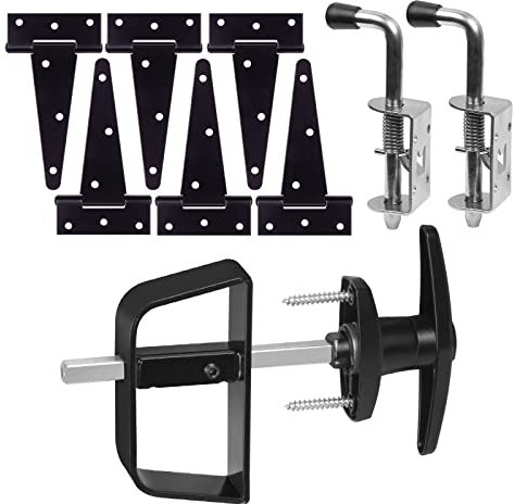 BTEOBFY Quincaillerie pour porte d'abri de jardin – Complet avec charnières, loquets et serrure à poignée en T – Comprend un ensemble de charnières de fenêtre et de porte/fenêtre, pour portails,