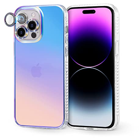 Case Schutzhülle für iPhone 14 Pro Max Irisierend Hülle und Diamanten Glitzer Kameraschutz für Frauen und Mädchen,ICARERFAMILY PC Rückseite Mit Weichem Silikonrand, Schlanke Schützende TPU Handyhülle