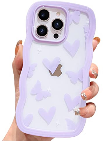 HZLFCZL Compatible with iPhone 12 Pro Max Case Cute Cartoon Heart Butterfly Clear Pattern Design Women Girls Kawaii Wave Slim Soft TPU Transparent Cover for iPhone 12 Pro Max 6.7 inch-Purple