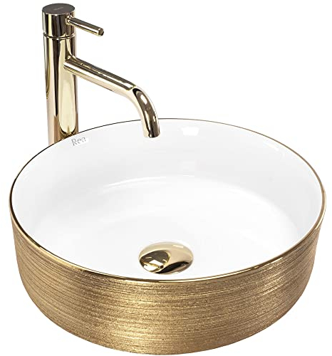 Rea Aufsatzwaschbecken Sami White Brush Gold Waschtisch Handwaschbecken Waschschale Waschbecken für Badezimmer aus hochwertiger Keramik 360 mm x 360 mm x 115 mm (Gold/weiß)