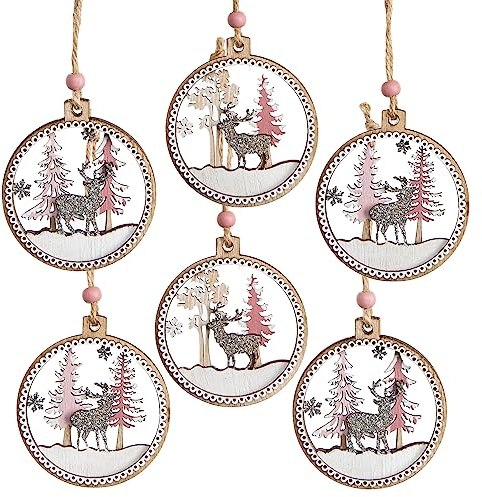 Logbuch-Verlag 6 Weihnachtsbaumanhänger Christbaumkugeln aus Holz flach rosa weiß Winterlandschaft Ø 6,5 cm