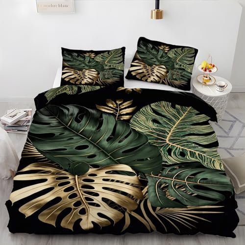 Bettwäsche 135x200 Schwarze Monstera Bettwäsche Set 3 Teilig Pflanze Muster Bettbezug für Kinder, Microfaser Flauschig Weich Bettbezüge und 2 Kissenbezug 80x80 cm, mit Reißverschluss