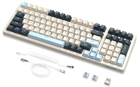 MAMBASNAKE × FREEWOLF K8 Bunte mechanische 3-Modu Tastatur, 2.4G kabellose Bluetooth Gaming Tastatur mit Spiralkabel, 19 RGB, Hot-Swap Blauer Schalter für Laptop, PC, Mac – Blaubeere