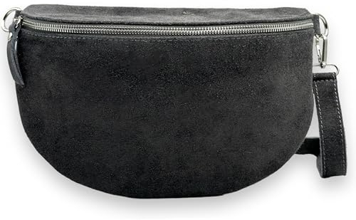 Wildleder Bauchtasche Damen XL Crossbody Bag Velours Gürteltasche Hüfttasche Bodybag Schultertasche Silberner Reißverschluss (Anthrazit)