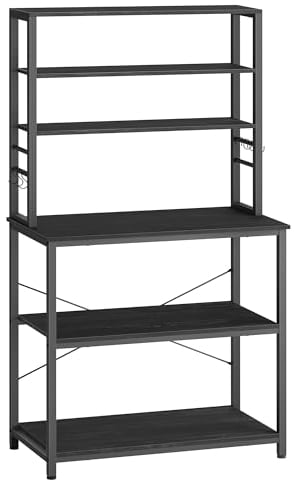 VASAGLE Küchenregal, Standregal, Mikrowellen-Regal, stehend, 6 Ablagen, 6 Haken, Stahlrahmen, Industrie-Design, 40 x 80 x 167 cm, anthrazitgrau-tintenschwarz KKS019B22
