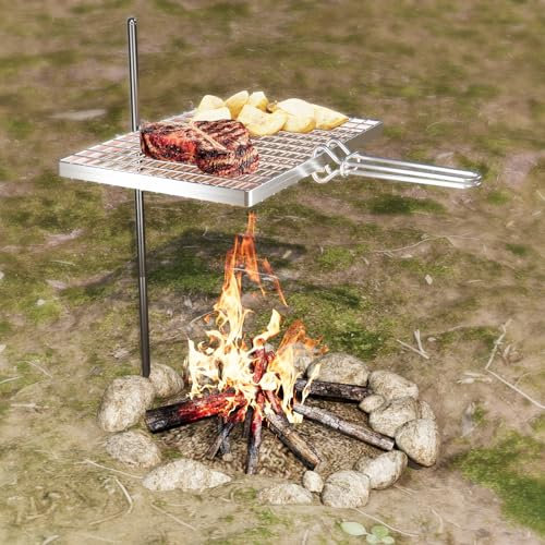 DPZM Swivel Campfire Grill Grate, 360°Adjustable Heavy Duty Steel Grate Camping Grill, Portable Camping Essentials, BBQ Over Fire Pit Grill, Fire Racks Cooking Equipment for Outdoor Open Flame Cooking