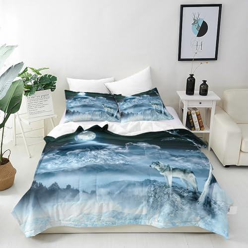 ANHOPE Wolf Bettwäsche Set 2 Teilig Wald Wölfe Mond Bettbezug 100x135 cm + Kissenbezug 40x60 cm Weich Microfaser Bettbezüge mit Reißverschluss Ganzjahres Bettdeckenbezug Set