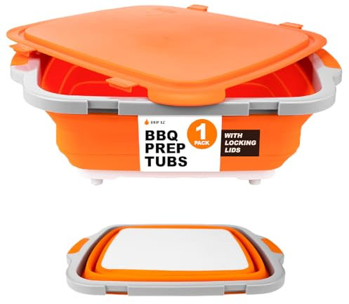 Drip EZ Tina plegable para preparación de barbacoa (V2) – para almacenamiento de alimentos marinados de preparación de comidas – incluye tabla de cortar y tapa de bloqueo – (1) OG - Naranja