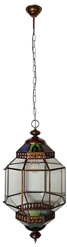 Lámpara Colgante Marroquí, Farol Granadino de Vidrio y Metal, Estilo Oriental, Color Bronce (Trans-Color, 63x29 cm)