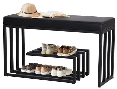 Widppsopt Upholstered Storage Benches with Storage,Pu Leather Seat Shoe Rack Bench Shelf Organizer 2-Tier,Metal Frame Hallway Bench for Front Door Entrance Living Room,Black