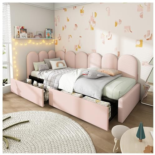 Wyibwy Divano letto 90x200cm con cassetti, letto contenitore con rete a doghe, adatto per adolescenti e bambini, rosa (senza materasso)
