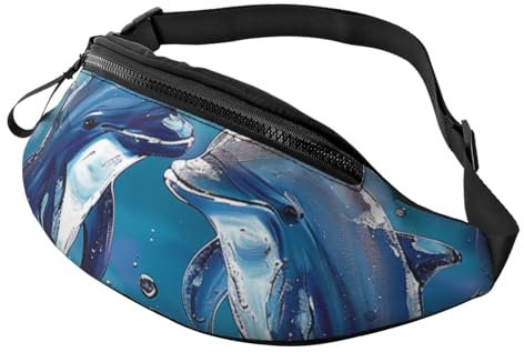 Delfine in Love bedruckte Bauchtasche für Herren und Damen, Crossbody-Bauchtasche mit verstellbarem Riemen für Wandern, Laufen, Reisen, Radfahren, Schwarz , Einheitsgröße, Wanderrucksack