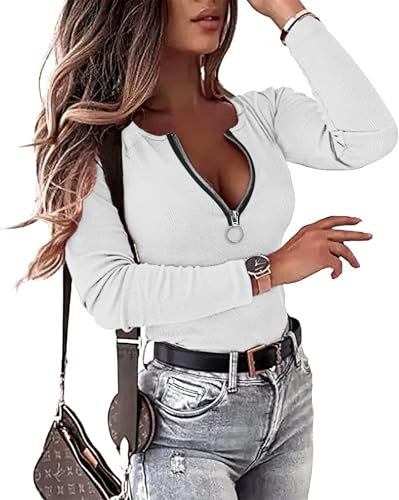 TrendiMax Womens Sexy Long Sleeve Tops Ribbed Knit Henley Shirts Fitted Zipper Blouse Tee Shirts Bright White
