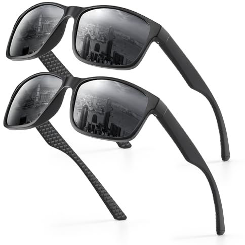 2er-Pack Sonnenbrille Herren Polarisiert Damen UV400 Schutz Sport Sunglasses Men Women Unisex Ultraleichte Rechteckig Rahmen Schwarz Polarisierte Sonnenbrillen für Angeln, Fishing, Fahren, Ski 1