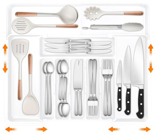 ALAIFU Range-couverts pour tiroirs - Grand range-couverts de cuisine extensible pour tiroirs - En plastique - Insert de séparation - Grand (blanc transparent)