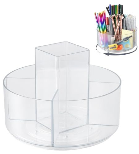 Pen Holder, 18x18x14 cm, 360 Degree Rotating Pen Organizer with 5 Compartments, Plastic Pen Pot Pencil Holder for Desk, Makeup Brush Holder for Desktop Stationary Storage Home Office School