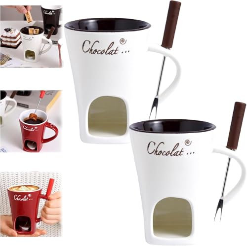 Schokofondue Tasse,200ml Keramik Schokoladenfondue Set,Becher zum Schmelzen von Schokolade,Fondue Set Mit Gabel Und Teelicht für Käse Schokolade Butter Karamell (2pcs-A, A)