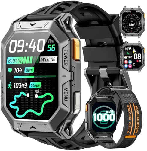 Montre Connectée Homme avec 1000 mAh Batterie 2.13'' AMOLED Grand Écran Nylon Bracelet en Vercro 10ATM Étanche Bluetooth Appel 100+ Modes Sportifs Fréquence Cardiaque Smartwatch pour Android iOS