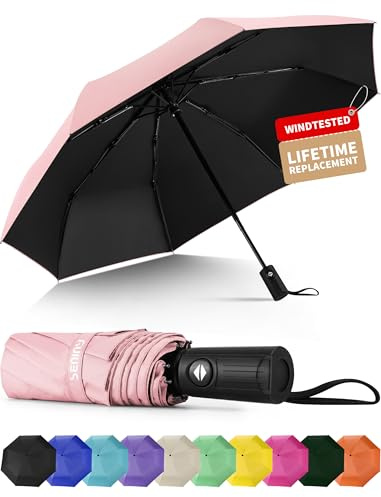 Seniny Windproof Travel Umbrella, Automatic Umbrellas for Rain, Portable & Compact Umbrellas for Backpack, Strong UV for Protection, Folding Small Sun Umbrella for Car, Walking, Coral Pink