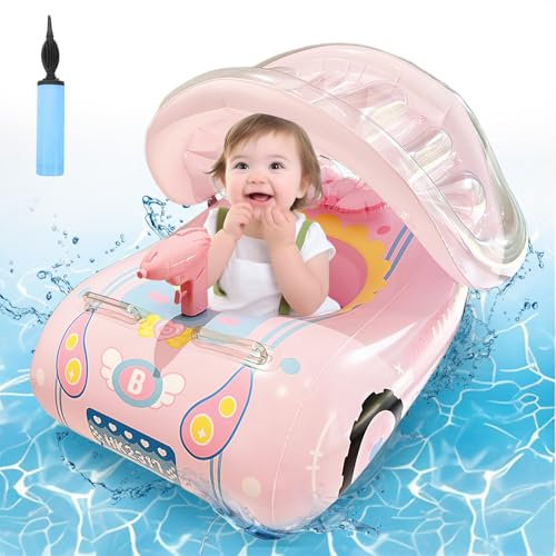 Shyllin Anillo de Natación Niños con Parasol, Flotador Bebe con Sombrilla, Asiento de Anillo de Natación Inflable para Niños, Flotador Bebé con Asiento,Flotador Bebe con Parasol (Pink)