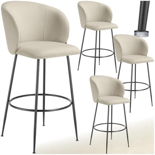 tectake® Samt Hocker hoch, Barhocker mit Lehne, als Küchenhocker, Barstuhl, Barmöbel, Barstühle Set oder Bistrostuhl, Tresenhocker, Esszimmerstühle, Sitzhocker für Kücheninsel - creme/schwarz, 4er Set
