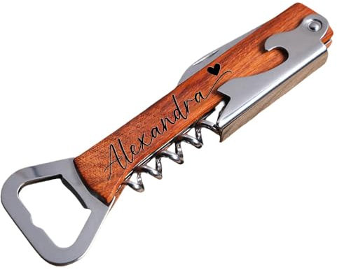 Personalized Multi-Functional Stainless 4 in 1 Bottle Red Wine Opener, Custom Engraved Name Wooden Wine Opener, Easy Use, Tools and Gifts for Wine Enthusiasts