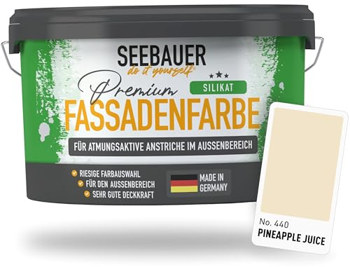 SEEBAUER diy Silikat-Fassadenfarbe Gelb 2,5L für Außen (No. 440 Pineapple Juice) Atmungsaktive Mineralfarbe für Fassaden - Geeignet für Putz, Mauerwerk und Beton