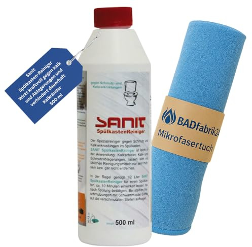 BADfabrik24 SANIT Spülkasten-Reiniger 500 ml + Mikrofasertuch 40×40 cm – entfernt Kalk & Ablagerungen, verhindert Kalkränder – silikonfrei, Made in Germany