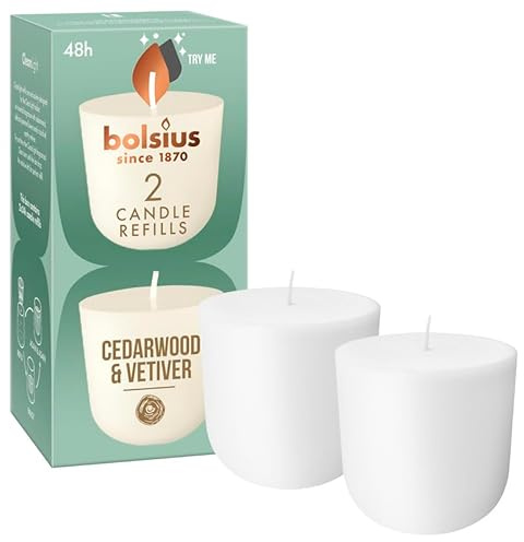 Bolsius - CleanLight Refill - Nachfüllbare Duftkerze - Zedernholz & Vetiver - Nur Nachfüllungen - 2 Stk. - Länge Brenndauer 24 Stunden - Enthält Natürliches Pflanzenwachs - Nachhaltiges Konzept