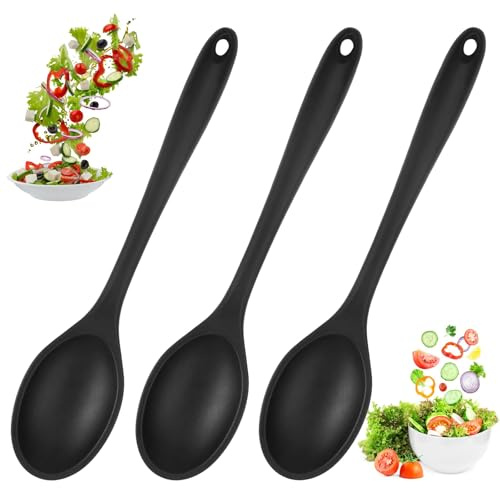KineticKraft 3 Pieces Silicone Spoon, 27 cm Heat-Resistant Cooking Spoon, Non-Stick Kitchen Spoons, Long Handle Mixing Spoons, Silicone Serving Spooning for Stirring, Scooping and Mixing (Black)