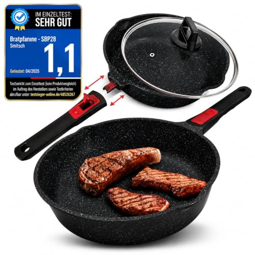 Smitsch Bratpfanne 24 cm mit Deckel –abnehmbarer Griff, Beschichtet, spülmaschinenfest,ofenfest pfanne,pfannen induktion, pfanne 24 cm hoher rand, PFOA frei, Pan 24cm, Camping Pfanne (24 cm)