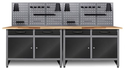 Ondis24 Werkstatt Set Werner 240 cm mit 2 Werkbänken, 6 Lochwänden & 22-teiligem Haken-Set – Massive Werkbank aus Stahl mit Buchenholzplatte, Schubladen & Schrankfächern – Werkstatteinrichtung