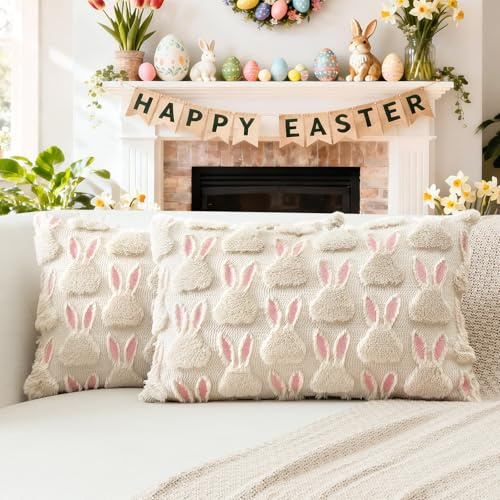 Artscope 2er Set Wolle Kissenbezüge Weicher Plüsch Kurzer Wollsamt Dekokissenbezuge Sofakissen Ostern Kissenhülle für Sofa Schlafzimmer Rosa Ohren Kaninchen Creme Beige, 40x60cm