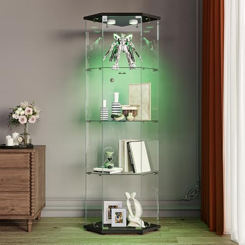 KOOPMAD Eckvitrine Glasvitrine,Vitrinenschrank mit LED Licht und Schloss,1 Tü,4 Etagen,Modern Glas Vitrinenschrank für Sammlerstücke,Glasvitrine Standvitrine für Wohnzimmer,Härtetes Glas,Schwarz