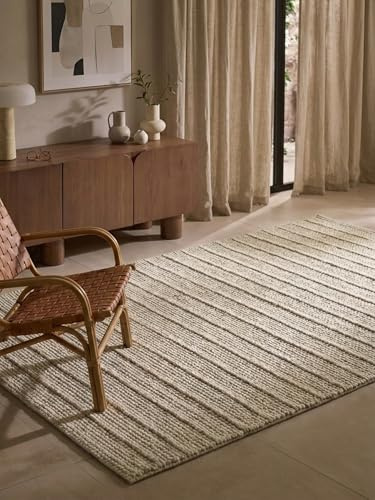 Ted Baker Wollteppich Parker - Natürlicher Wohnzimmerteppich, 100% Wolle, Handgewebt & Zeitlos, Naturfaser Teppich Gestreift Skandi für Wohnzimmer, Schlafzimmer, Esszimmer – Natur Weiß, 160x230 cm
