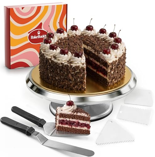 BakeBuddy Piatto Girevole per Torte Set 30 cm in Alluminio Base Antiscivolo | Giratorta Professionale con 2 Palette Angolari e 3 Spatole da Pasticceria in Acciaio Inox, Accessori Completi per Torte