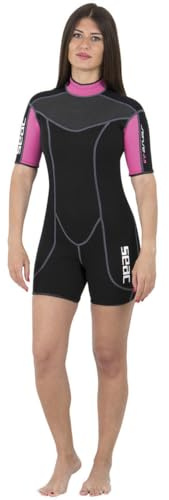 SEAC Sense Short Lady, 2,5mm High Stretch Comfortable Neoprene Short Wetsuit for Women, Black/Pink, Small (0010079032040A)
