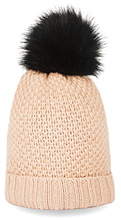 CASH-MERE.CH 100% Kaschmir Mütze | Strickmütze mit Pompon für Damen und Jugendliche (Beige/Camel)