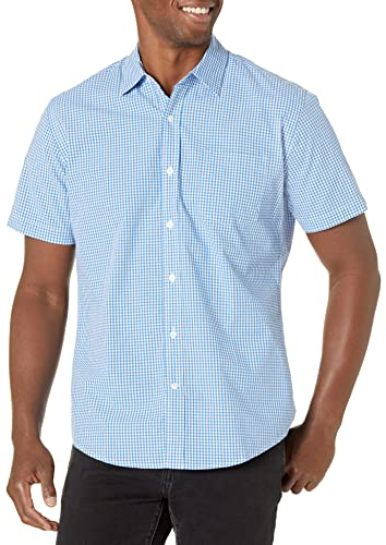 Amazon Essentials Men's Regular-Fit Short-Sleeve Poplin Shirt, Blue Gingham, M