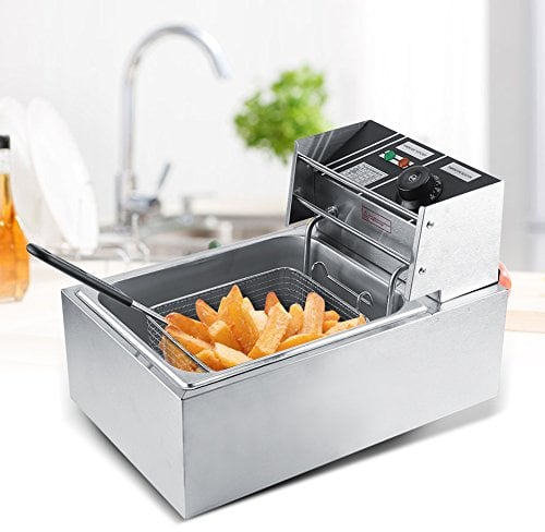 6L Friteuse Electrique Professionnelle Simple Bac en Acier Inoxydable avec Panier et Couvercle pour Usage Domestique et Commercial, EU 220V 44 x 28.5 x 28 cm