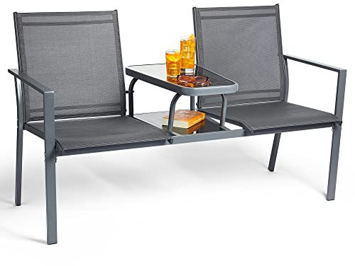 VonHaus Textoline Love Seat, Grey 2 Seater Jack & Jill Loveseat for Garden, 2 Person Patio & Companion Set for Outdoor, Balcony & Terrace - Twin Chair Garden Love Seat, Portable Compact Garden Seating