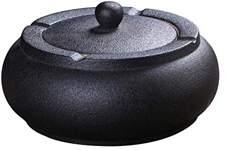AMITD Aschenbecher Keramik mit Deckel schwarz, Winddicht, Aschehalter für Raucher, Desktop Aschenbecher für Home Office Dekoration,schwarz