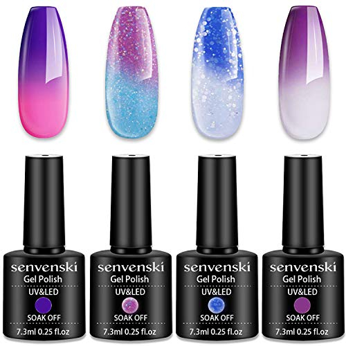 Senvenski Farbwechsel Gel Nagellack, Farben Lila Lavendel Blau Weiß Rose Glitzer Chamäleo Temperatur Nagellack UV LED Gift Set Kit (WB020)